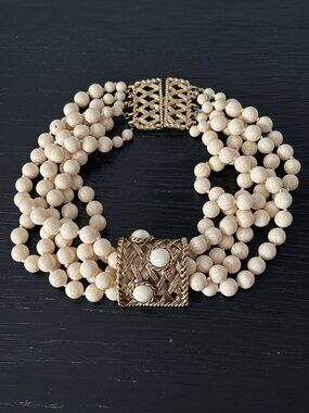 VTG Les Bernard 5-Strand Beaded Choker Necklace Lattice Style Slider Pendant